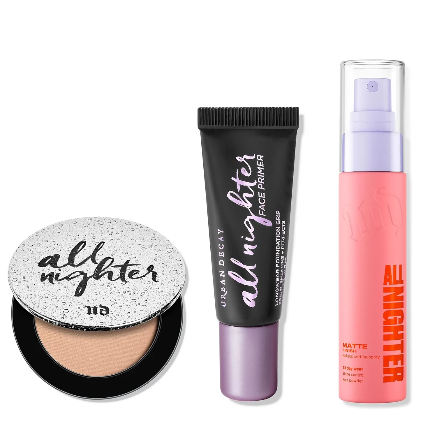 Urban Decay All Nighter набор: праймер для лица, спрей-фиксатор матовый и пудра для фиксации макияжа - спрей All Nighter Waterproof (30 мл), праймер (8 мл), прессованная пудра All Nighter