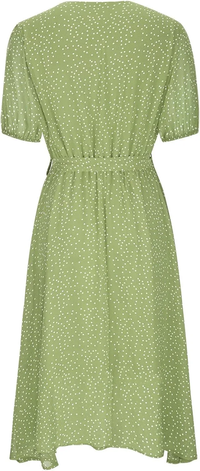 Летние платья в горошек для женщин 2024 года: V-образный вырез, короткие рукава, пояс на завязках, свободный крой, в стиле бохо, струящееся, повседневное, элегантное, для пляжа Generic, зеленый — фото 4