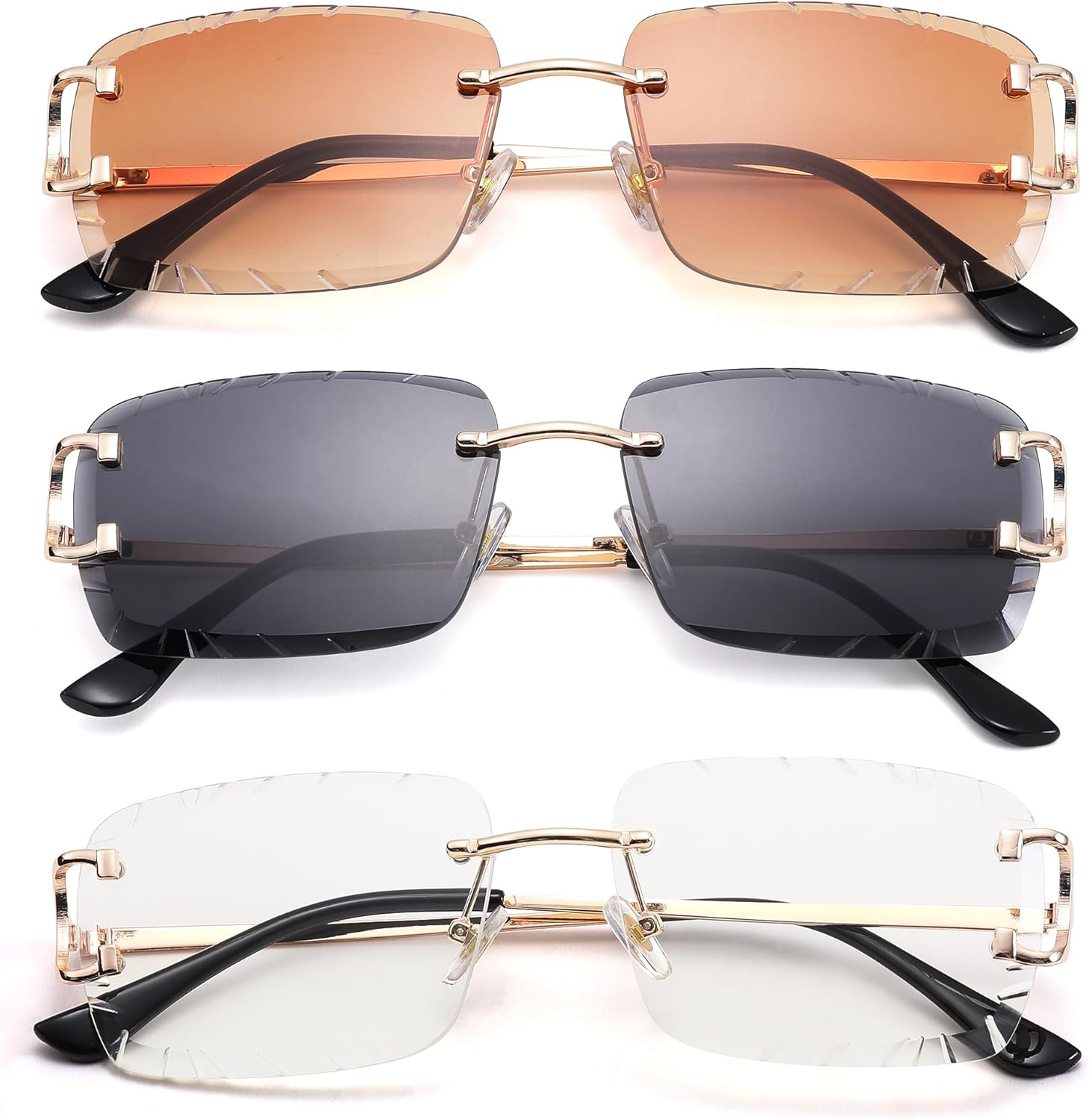 

Солнцезащитные очки Hycredi без оправы, прямоугольной формы, для мужчин и женщин - модные квадратные очки без оправы - очки с алмазной огранкой, 3 Pack - (Grey + Brown + Clear)