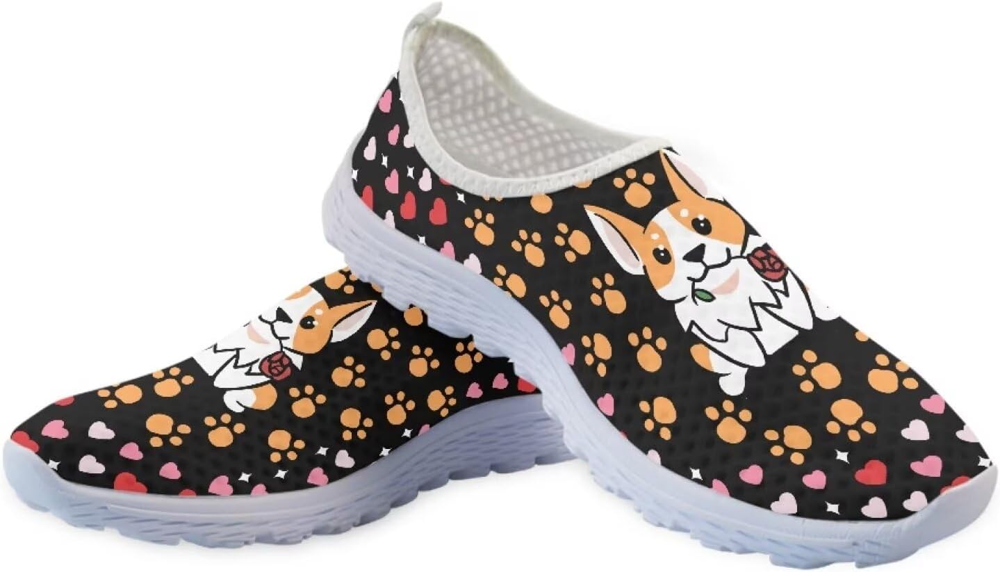 

Женские повседневные слипоны Binienty, кроссовки для прогулок и тенниса, лоферы с принтом, дышащая сетка, Corgi Paw Heart