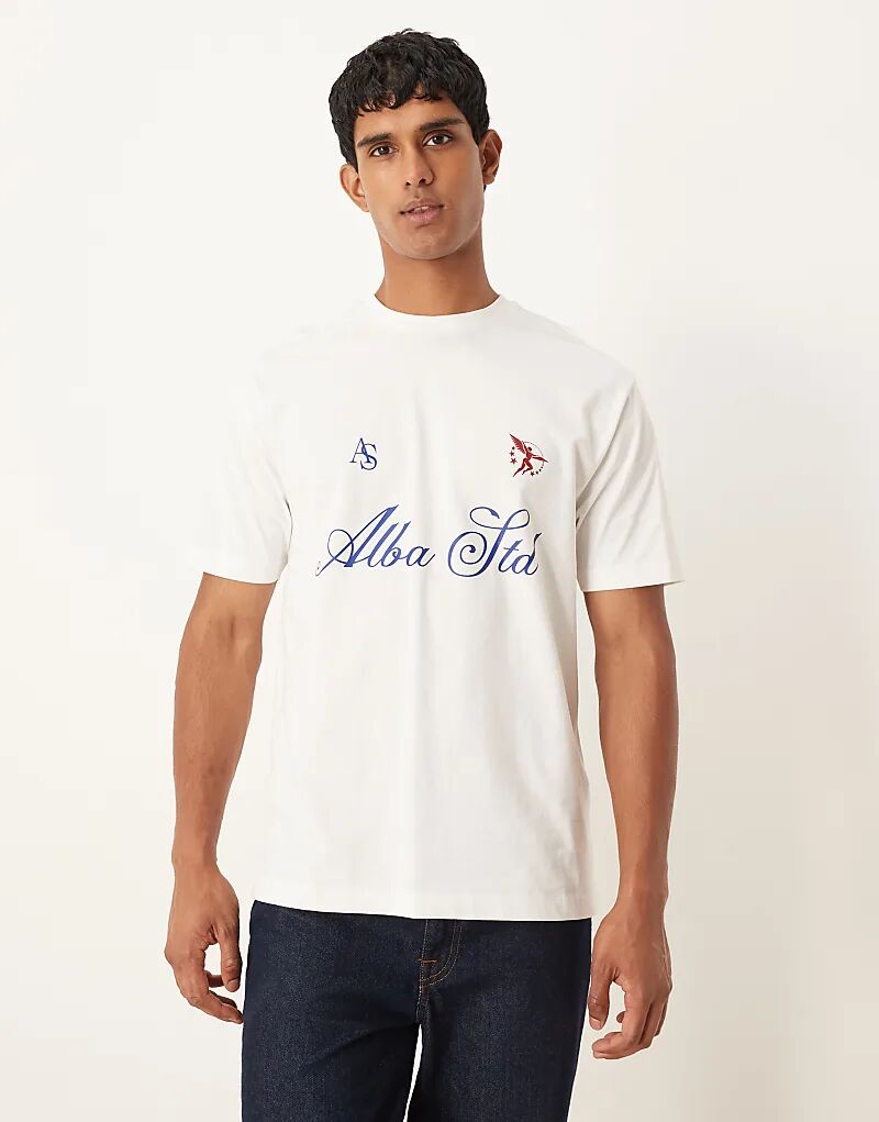 

Свободная футболка ASOS DESIGN из плотной ткани с принтом в бежево-белом цвете