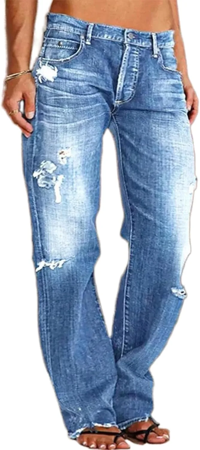 

Джинсы женские High Waisted 2025 Loose Distressed Ripped Stretchy Straight Leg Boyfriend DEPENSL