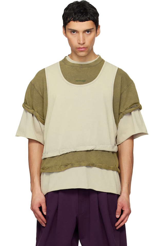 

We11Done Футболка тройного слоя цвета слоновой кости и зеленого оттенка, с эффектом потертости