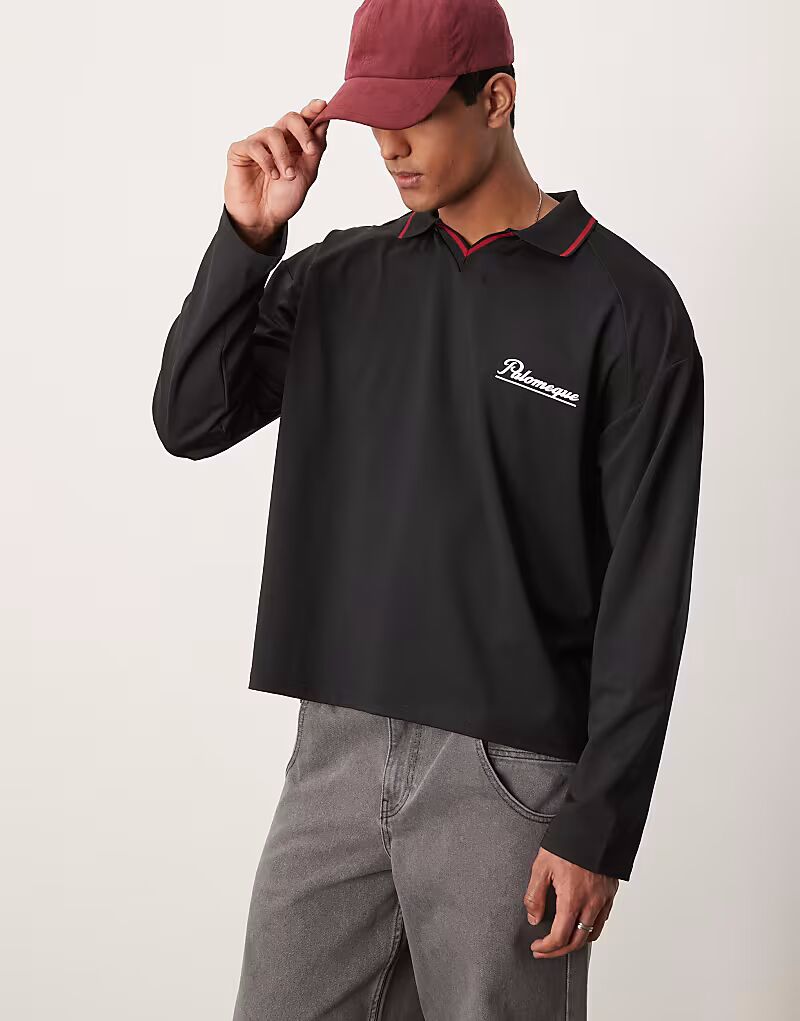 

Футболка свободного кроя поло ASOS DESIGN черного цвета со спортивным дизайном