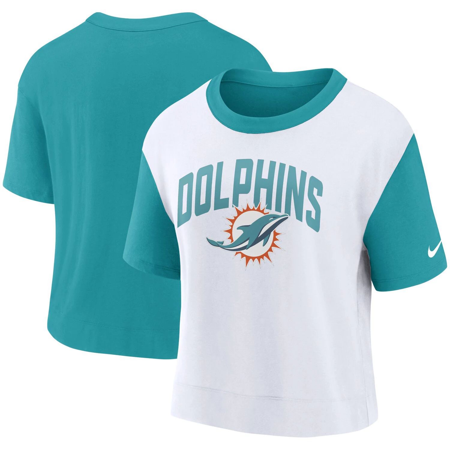 

Женская модная футболка с высокими бедрами Nike Aqua/White Miami Dolphins Nike