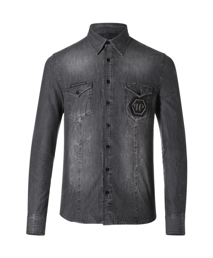 

Джинсовая рубашка с логотипом Philipp Plein, серый