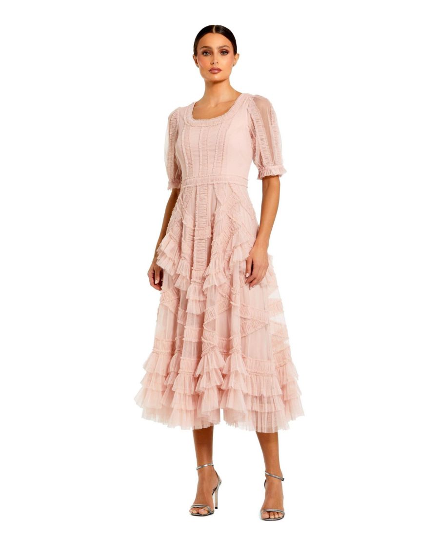 

Женское миди-платье с короткими рукавами из сетчатой ткани с микрорюшами Mac Duggal, Porcelain