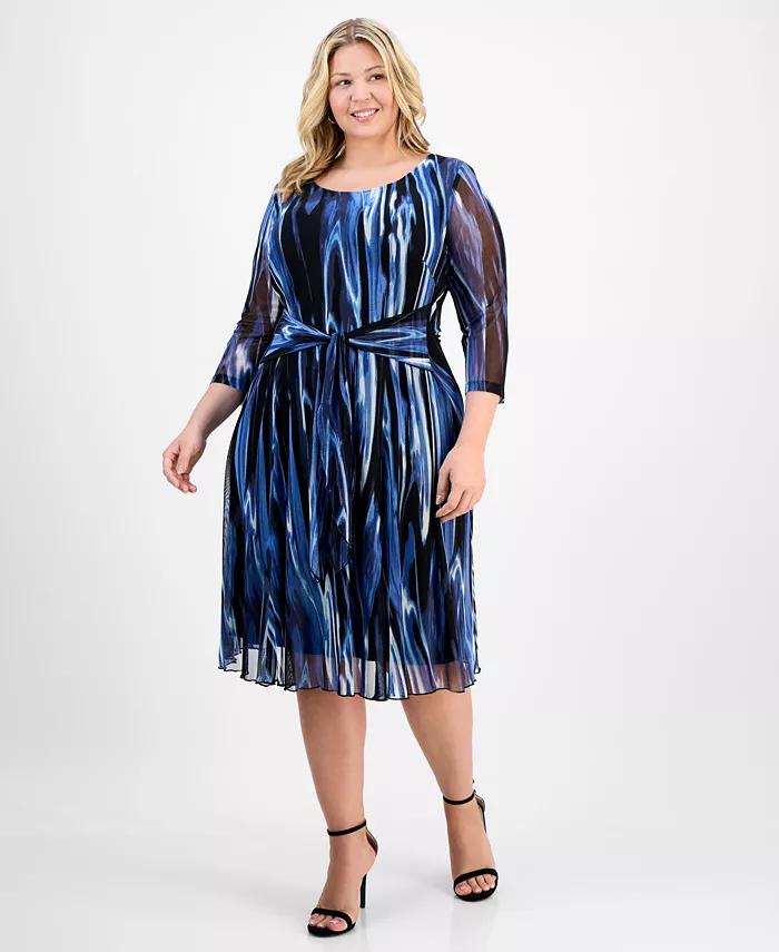 

Платье миди с 3/4 рукавом из сетчатой ткани с принтом, plus size Connected, синий