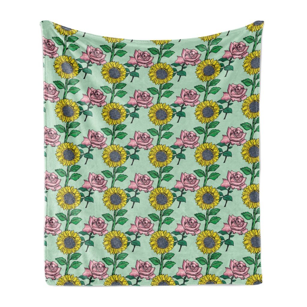 

Мягкое фланелевое флисовое одеяло ABAKUHAUS Flower, мультяшный узор в виде цветущих подсолнухов и роз, 175 x 230 см, разноцветный мятно-зеленый