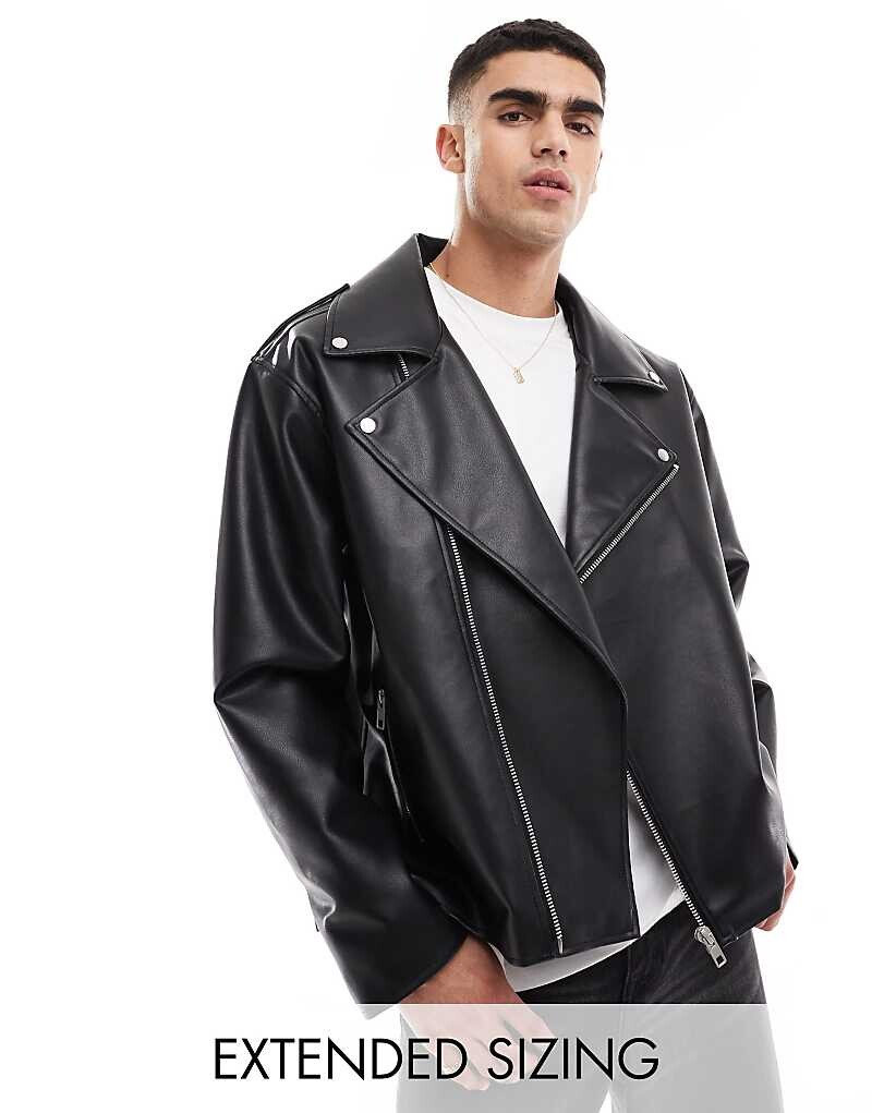 

Черная объемная мотоциклетная куртка из искусственной кожи ASOS DESIGN