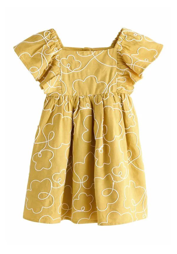Платье с рукавами стандартного кроя, повседневное платье Next, Ochre Yellow Embroidered