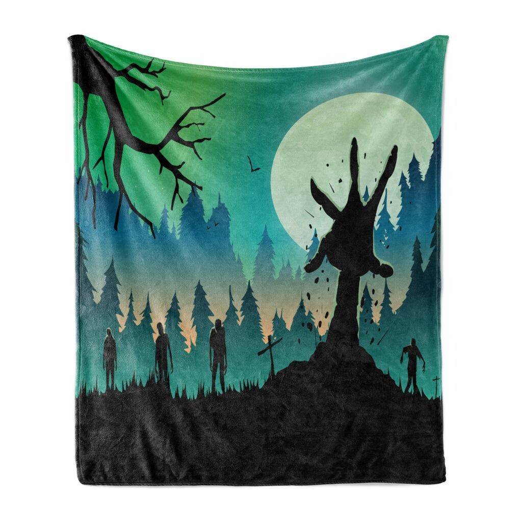 

Мягкое фланелевое флисовое одеяло ABAKUHAUS Halloween, силуэты зомби и рука в цвете Idyllic Forest Hill Full Moon, 175 x 230 см, кока-серо-зеленый и бирюзовый цвета