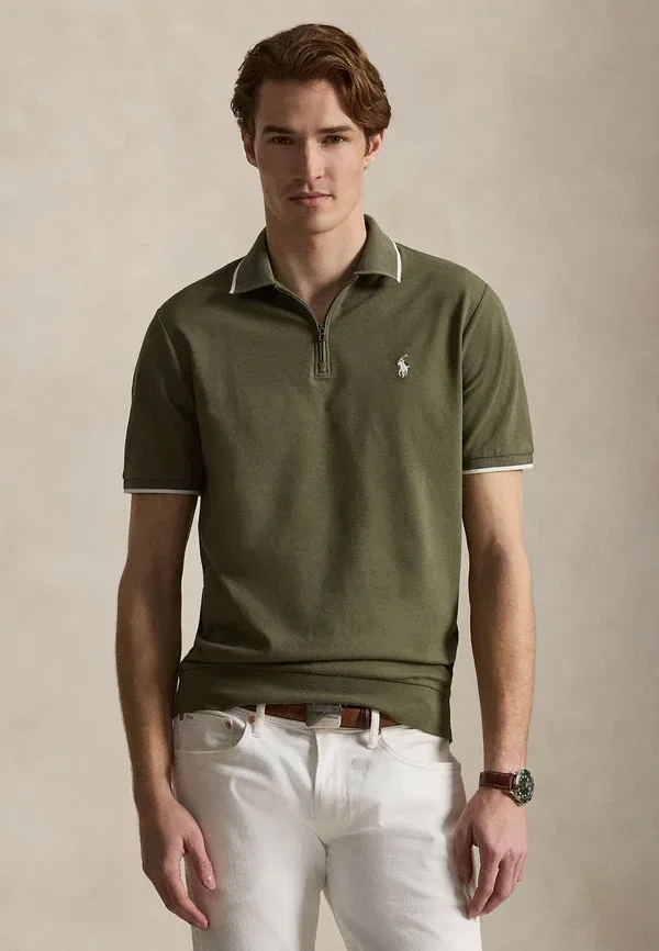 Классическая приталенная сетчатая рубашка-поло на молнии Polo Ralph Lauren, оливковый