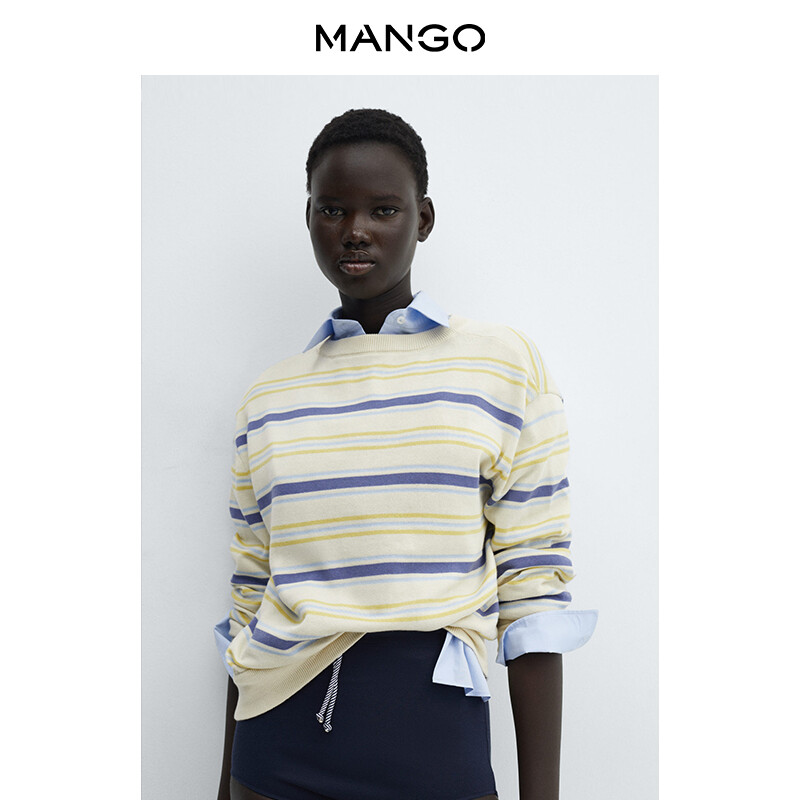 

Хлопковый полосатый топ Mango с круглым вырезом, светло-бежевый