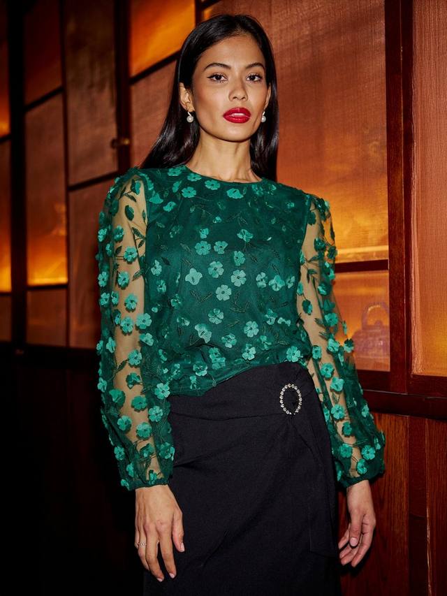 

Топ с цветочными аппликациями и прозрачными рукавами Yumi, Green