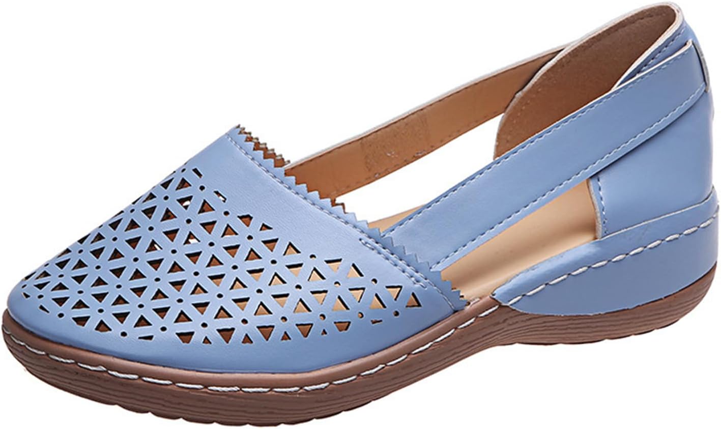 

Женские сандалии с закрытым носком, праздничные, с вырезами, на платформе и танкетке, с поддержкой свода стопы, ортопедические, винтажные кожаные летние пляжные сандалии, без застежки, с круглым носком Wabkderpu, синий