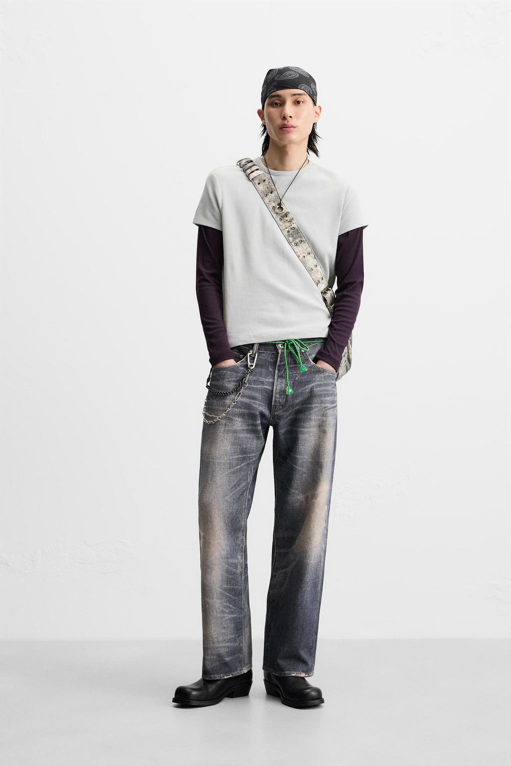 

Укороченная футболка в клетку с текстурой ZARA, цвет Mid-grey