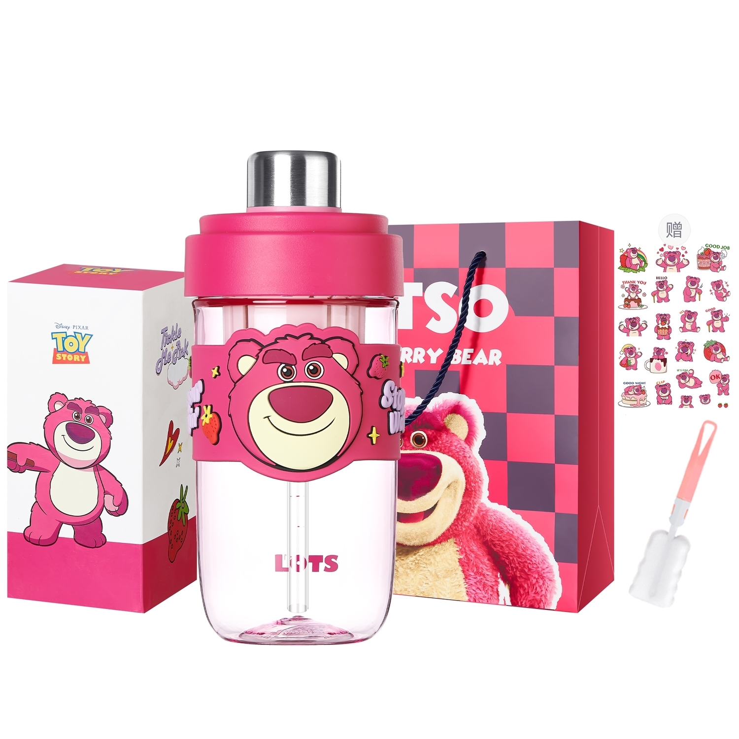 

Серия Strawberry Bear пластиковые стаканы для воды 600 мл Disney, Lotso With Tea Compartment Straw Water Cup+Shopping Bag[Includes Cup Brush+Sticker]