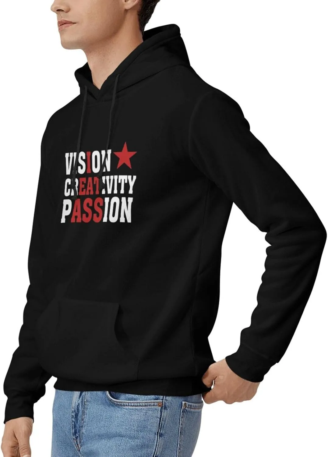 Vision Creativityy Passionn Мужская толстовка с капюшоном, модная хип-хоп толстовка с длинными рукавами и карманами Generic, черный — фото 3
