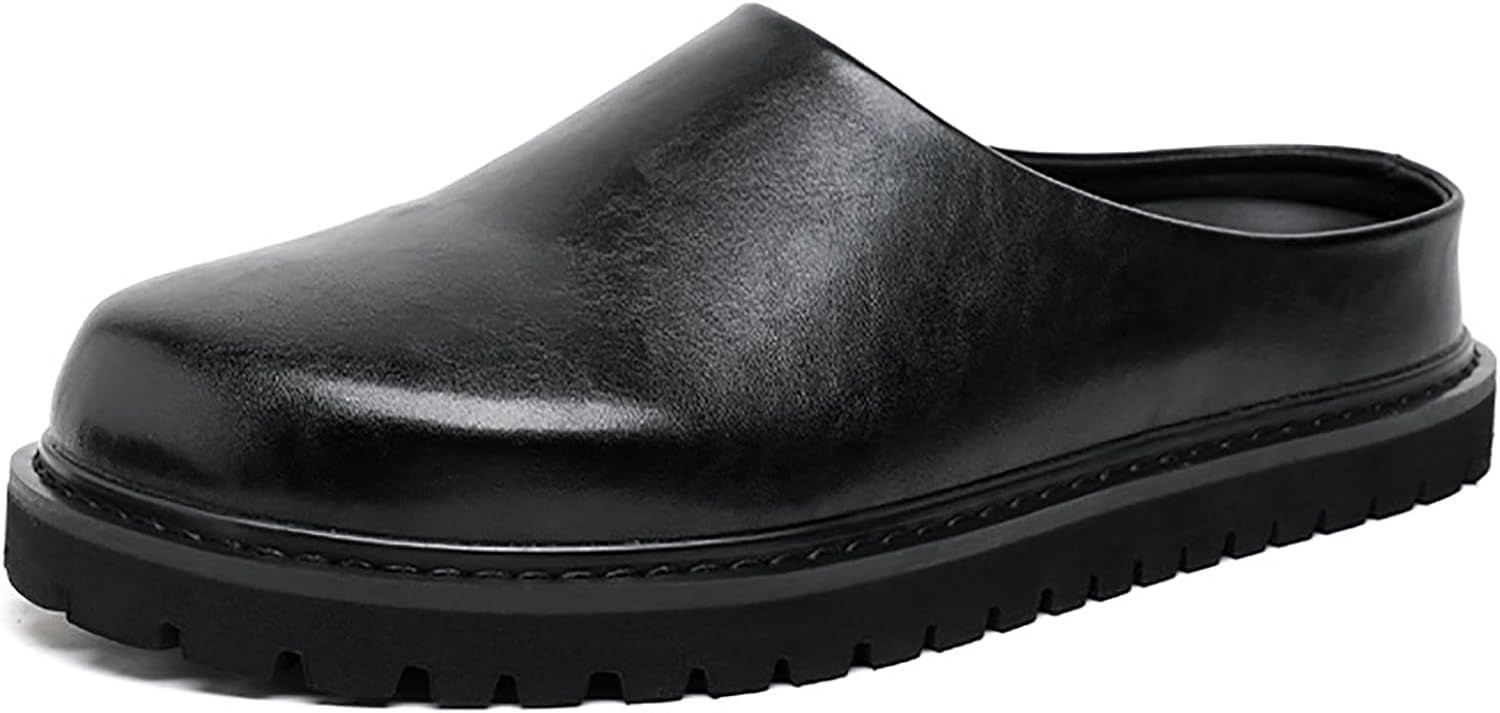 

Мужские кожаные сандалии с закрытым носком на высокой платформе, мюли, повседневные, с круглым носком, удобные, без задника, с нескользящей толстой подошвой, с легким надеванием, подходят для работы, прогулок и путешествий Qeosnbx, черный