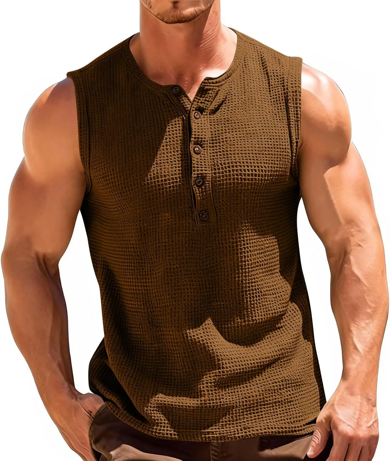 

Мужская майка-танк для лета и пляжа, без рукавов, с воротником хенли, однотонная