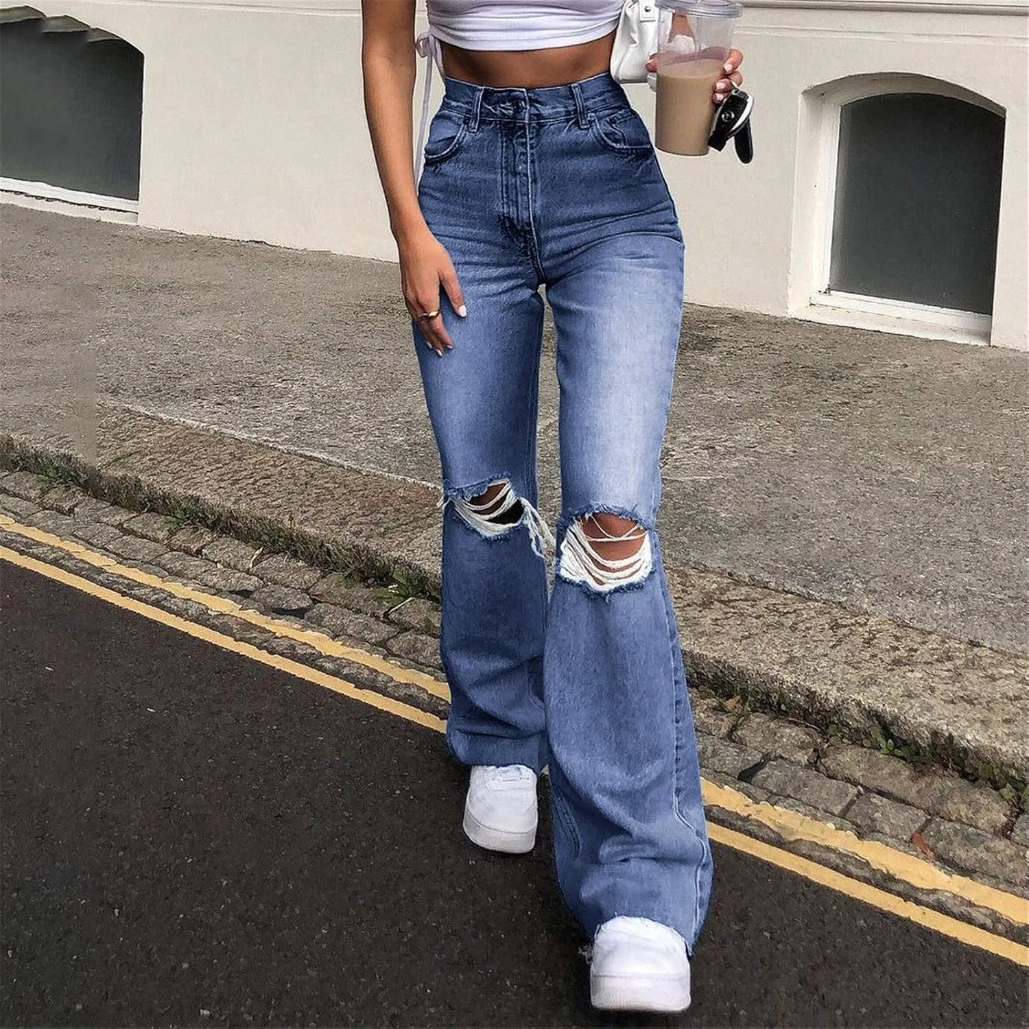 Джинсы свободные, Women's Ripped Boyfriend Jeans, Dark Blue — фото 2