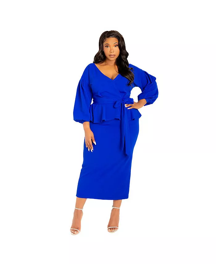 

Женское платье миди с открытыми плечами и баской Plus Size Buxom Couture, синий