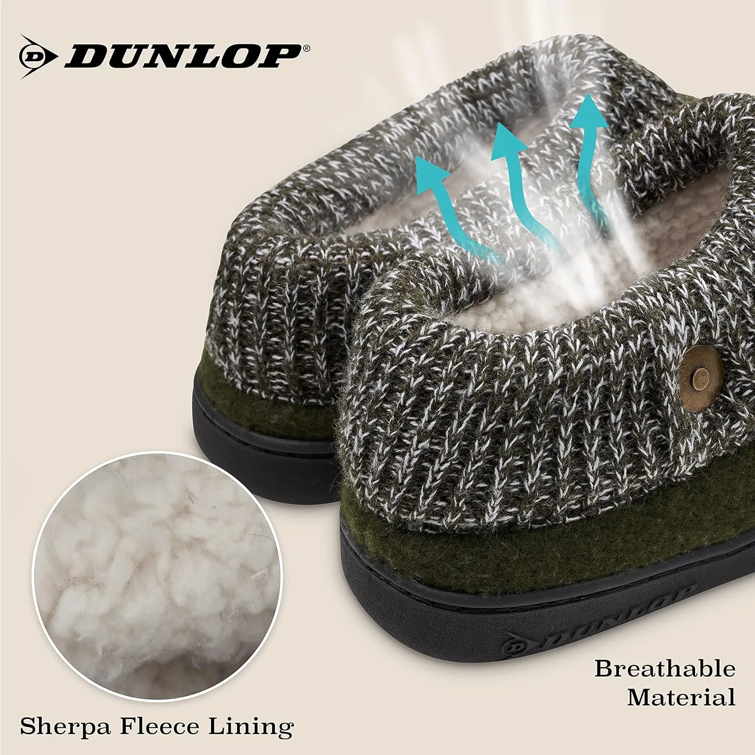 Мужские домашние тапочки Dunlop изготовлены из флиса шерпа и пенопласта с эффектом памяти, не задерживающего движения, хаки — фото 3