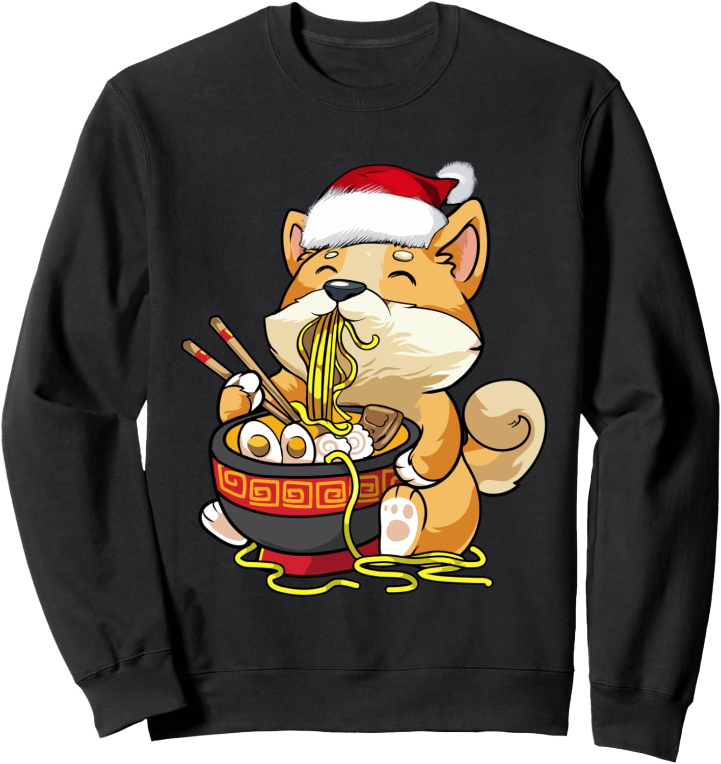 

Рождественская собачка корги ест рамен фо, японская милая толстовка Ramen Pho Noodles Soup Anime Kawaii Designs, черный