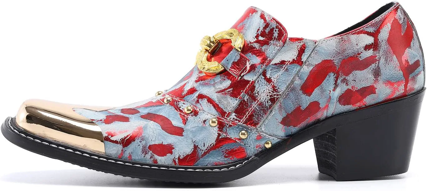 

Santimon Mens Locasters Повседневное платье Мокасины без шнуровки Золотая цепочка металл с квадратным носком Кожа на каблуке Пенни Лоферы Свадебная вечеринка Дискотека Western Cowboy Бальные туфли для выпускного вечера, красный/серый