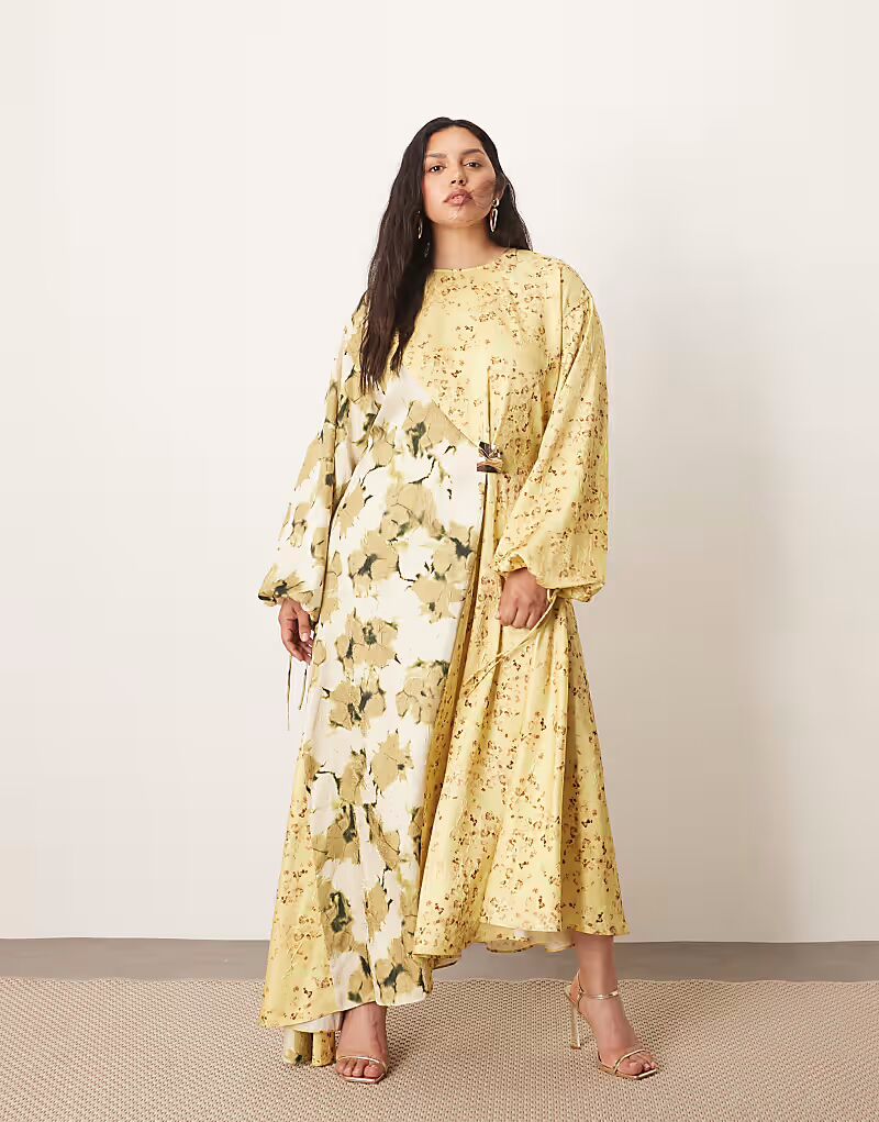 

Платье миди Curve из жатого атласа с длинными рукавами и отделкой в цветочном стиле с цветочными блоками Arrange