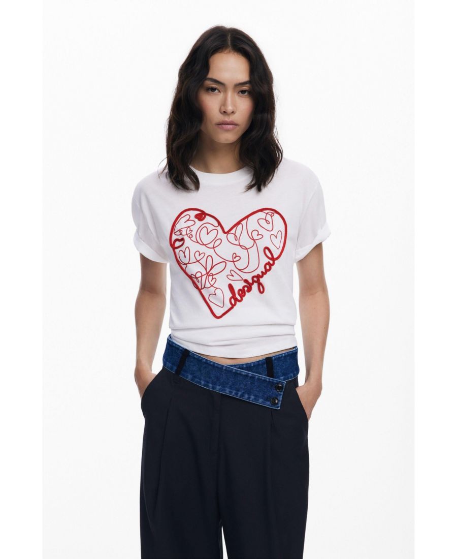

Женская футболка с рельефными сердечками Desigual, White, Белый, Женская футболка с рельефными сердечками Desigual, White