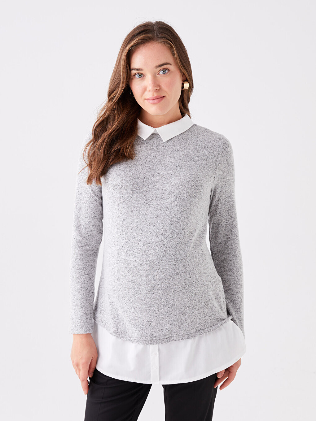 

Простая футболка с длинным рукавом для беременных с рубашечным воротником LCWAIKIKI Maternity, серый меланж