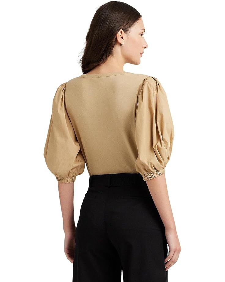 

Футболка LAUREN Ralph Lauren Stretch Cotton Puff-Sleeve Henley Tee, цвет Birch Tan