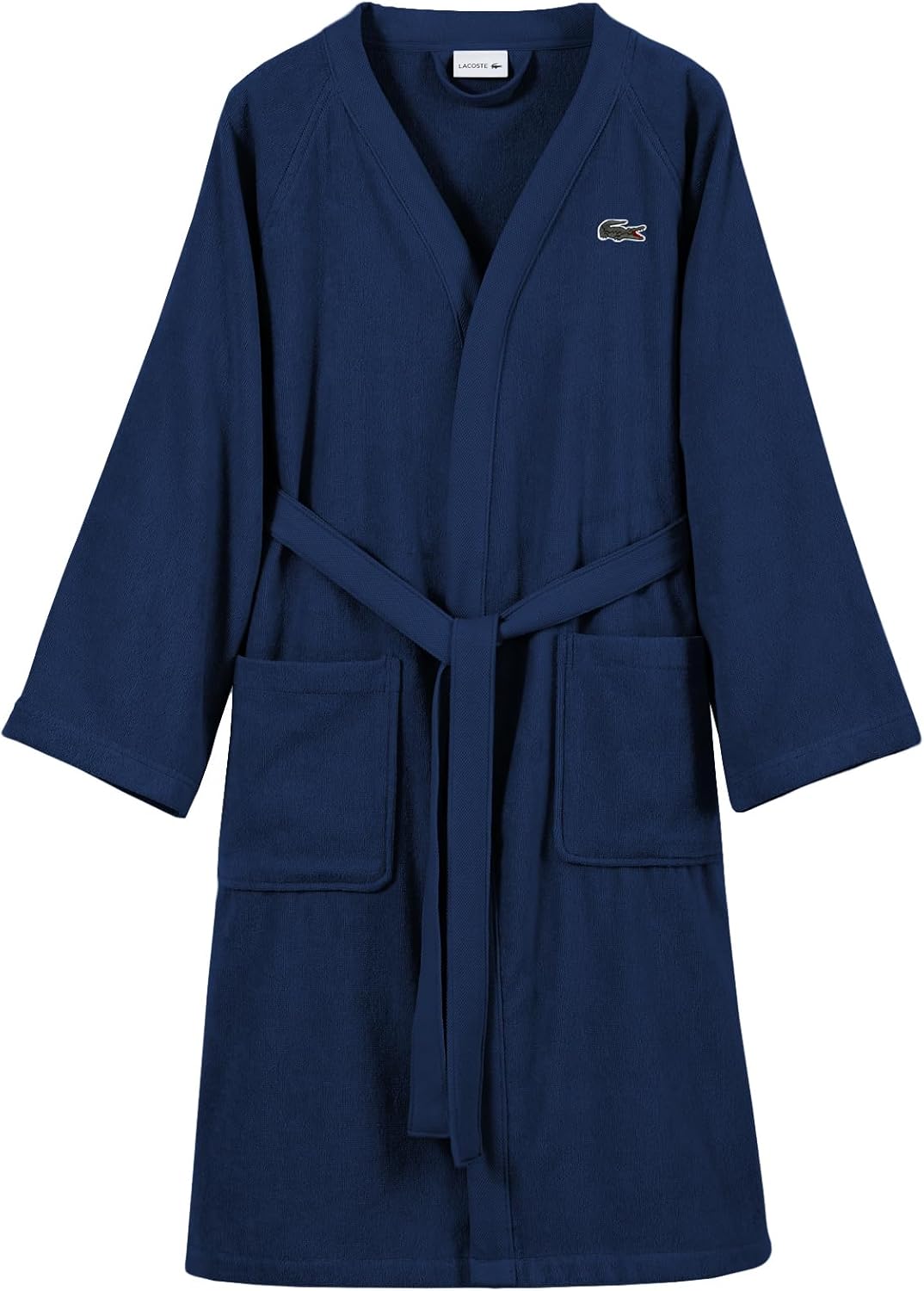Lacoste Classic Pique халат, 100% мягкий хлопковый махровый материал, унисекс взрослый банный халат, впитывающий и быстросохнущий, один размер подходит большинству, Black Iris — фото 3