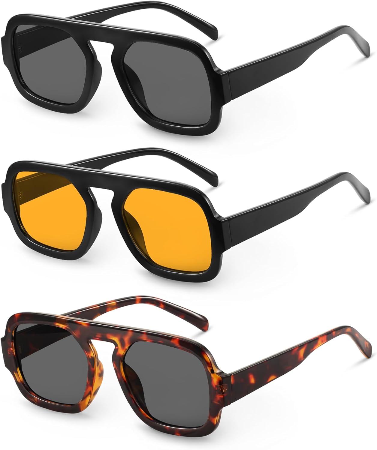 

Солнцезащитные очки-авиаторы YDAOWKN в стиле ретро, ​​квадратные, для женщин и мужчин, модные, с плоской верхней частью, защита от УФ-излучения, винтажные, (3 Pack) Black/Grey+tortoise/Grey+black/Yellow