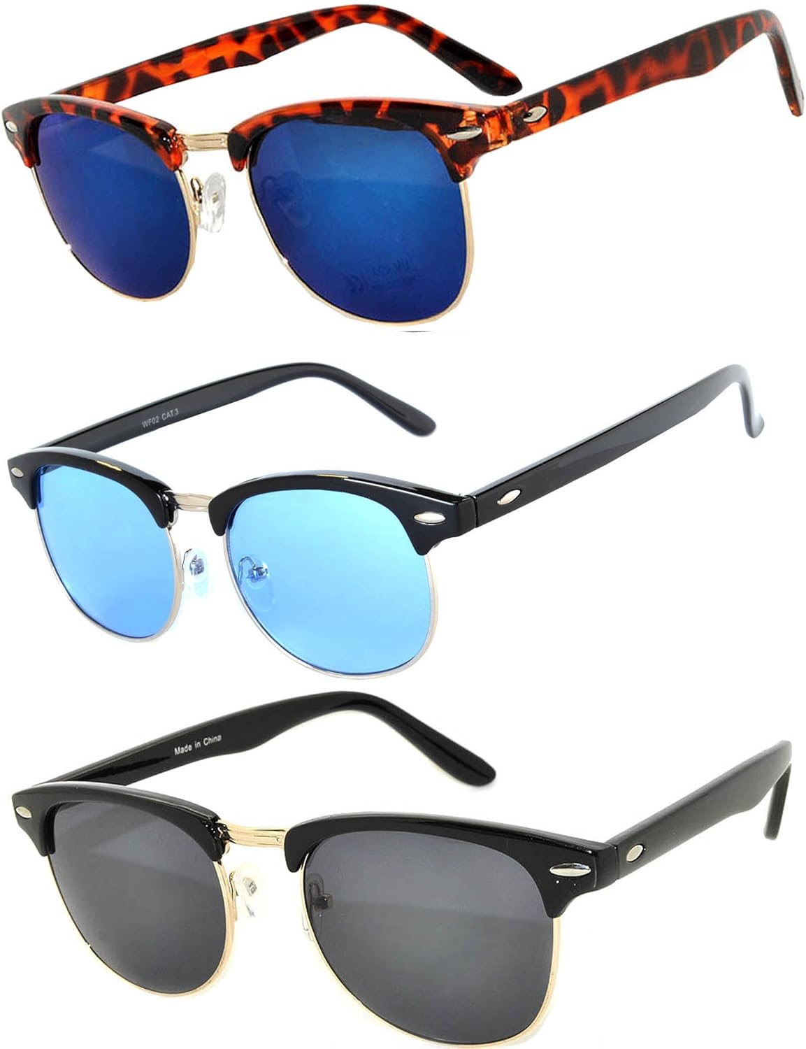 

OWL Набор из 3 полуободковых солнцезащитных очков из металла и пластика для женщин и мужчин, защита от УФ-излучения UV400, дымчатые, тонированные, зеркальные линзы, ретро-стиль, Leopard/Blue Mirror, Black/Blue, Black/Smoke