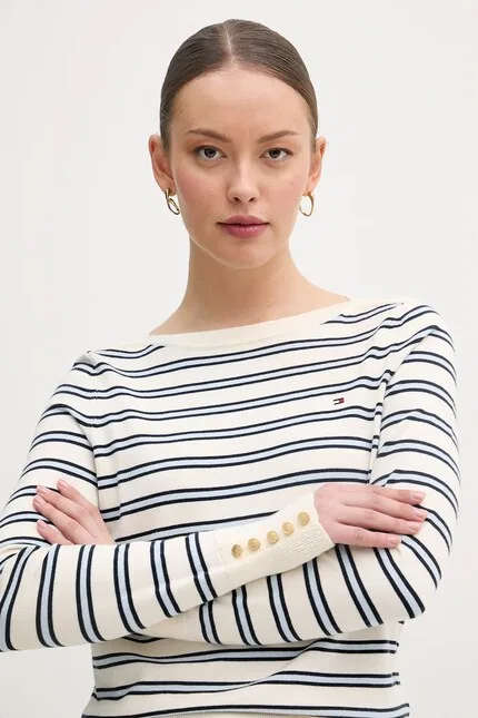 Свитер из хлопка модель с круглым вырезом Tommy Hilfiger, бежевый — фото 4