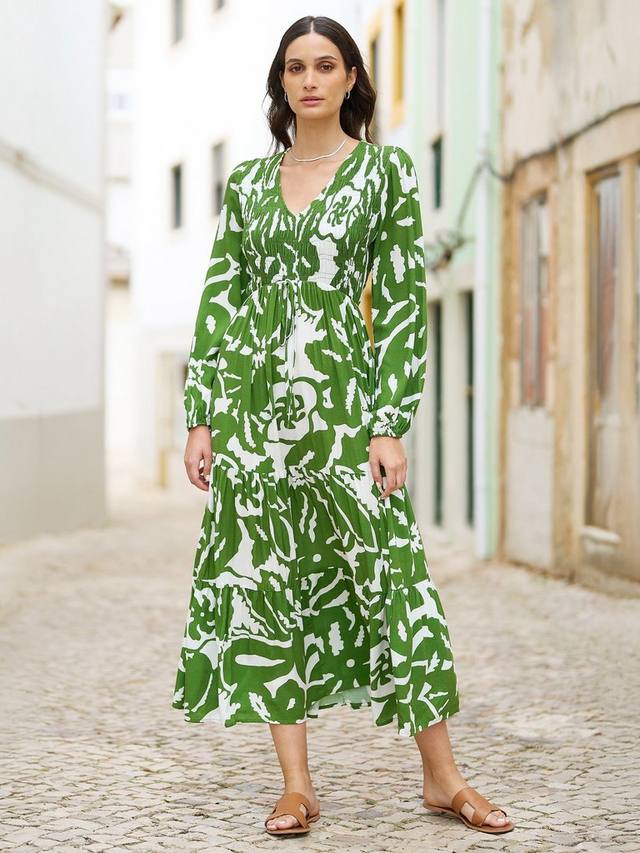 

Платье миди с рюшами и абстрактным принтом Yumi, цвет Green/White