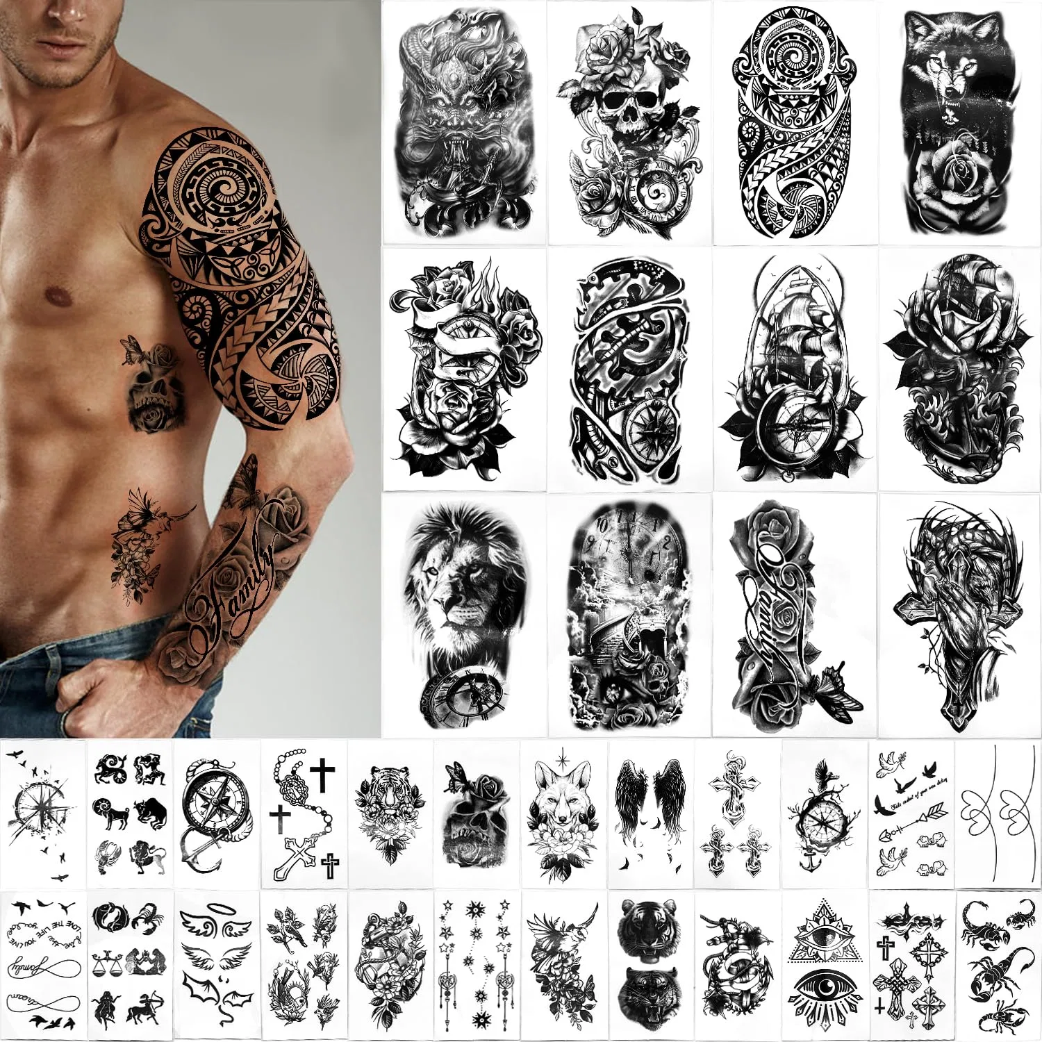 Водостойкие временные татуировки Yazhiji Yazhiji, Wolf - 36 Sheets