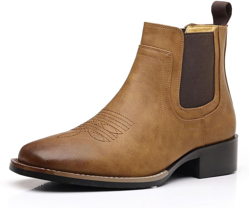 

Мужские ковбойские ботинки в западном стиле с вышивкой, модель Chelsea на резинке, из искусственной кожи, с квадратным носком, удобные ботильоны Generic, коричневый