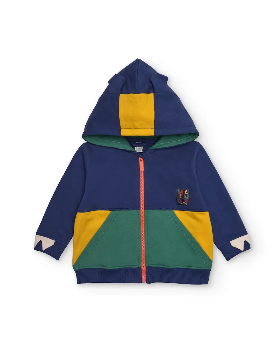 

Синяя с капюшоном детская толстовка с деталями зеленого и желтого цвета Tuc tuc