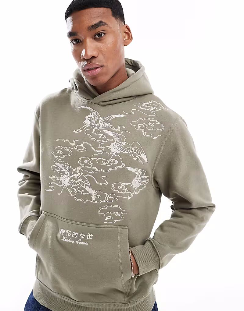 

Толстовка River Island oversize с вышитым журавлем цвета хаки