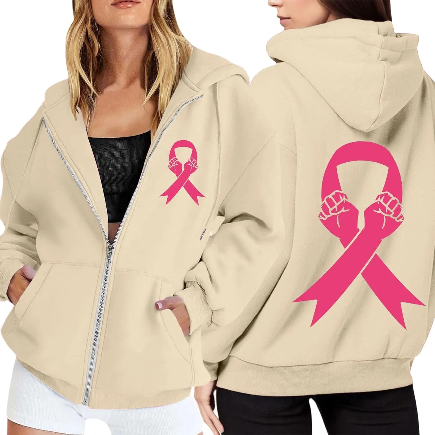 Женская худи на молнии, Breast Cancer Awareness, бежевый