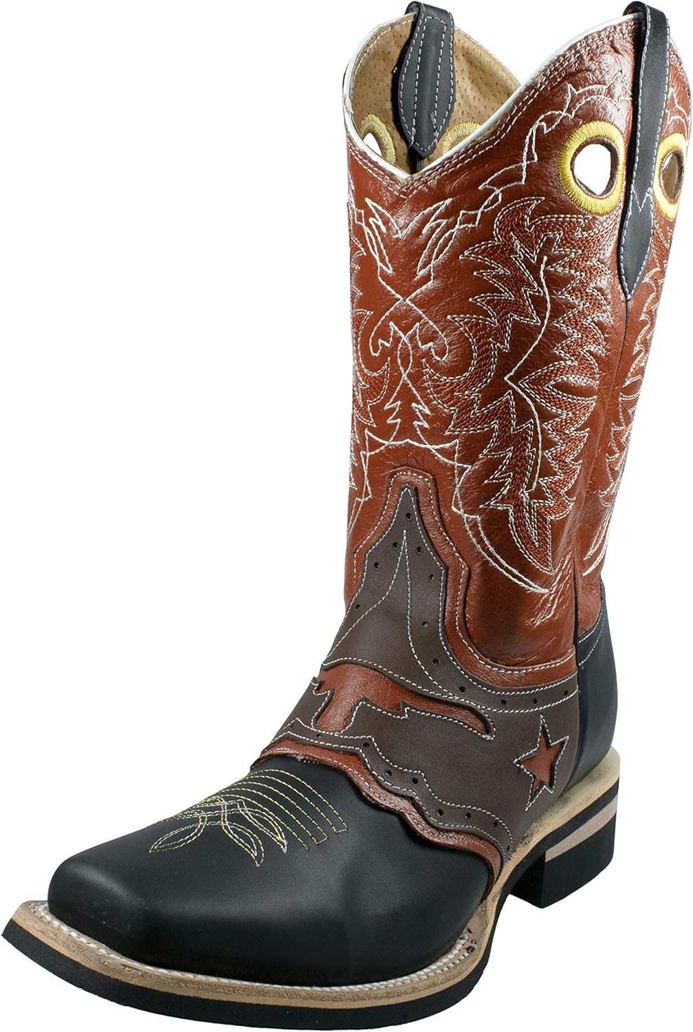 

Вестернские ковбойские сапоги, квадратный носок, черная и оранжевая кожа, вышитый узор, ручная работа в Мексике Generic