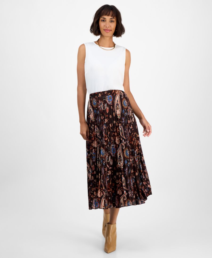 

Женская плиссированная юбка миди с принтом, надеваемая через голову T Tahari, Espresso Paisley Print