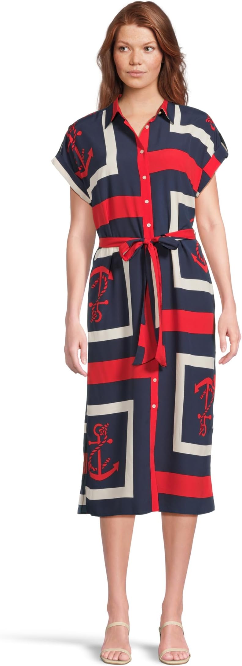 

Платье Lauren Ralph Lauren Anchor-print Belted Crepe Shirtdress, цвет Blue Multi