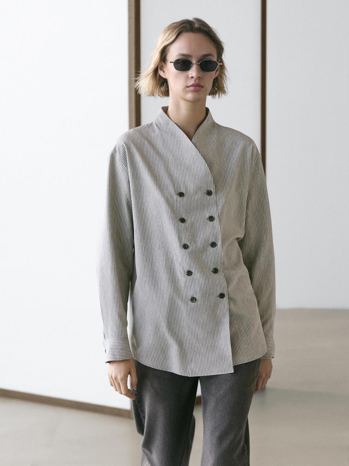 Летящая рубашка в полоску с деталями пуговиц Massimo Dutti, grey — фото 3
