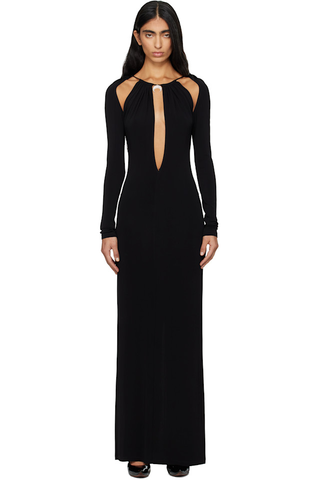 

Marine Serre Черное драпированное трикотажное платье-макси с длинными рукавами
