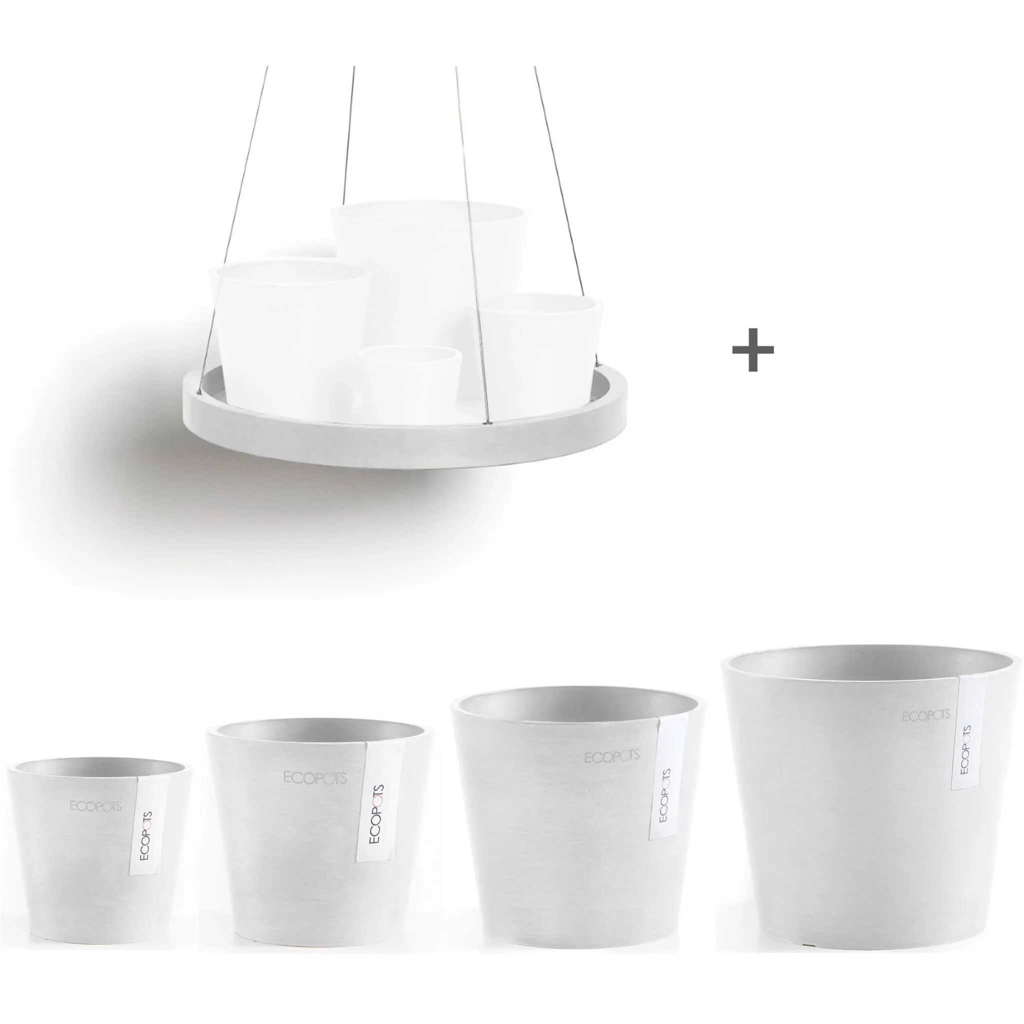 

Цветочный горшок ECOPOTS «Amsterdam Mini», (набор, 4 шт.), разные размеры с подходящим блюдцем, белый
